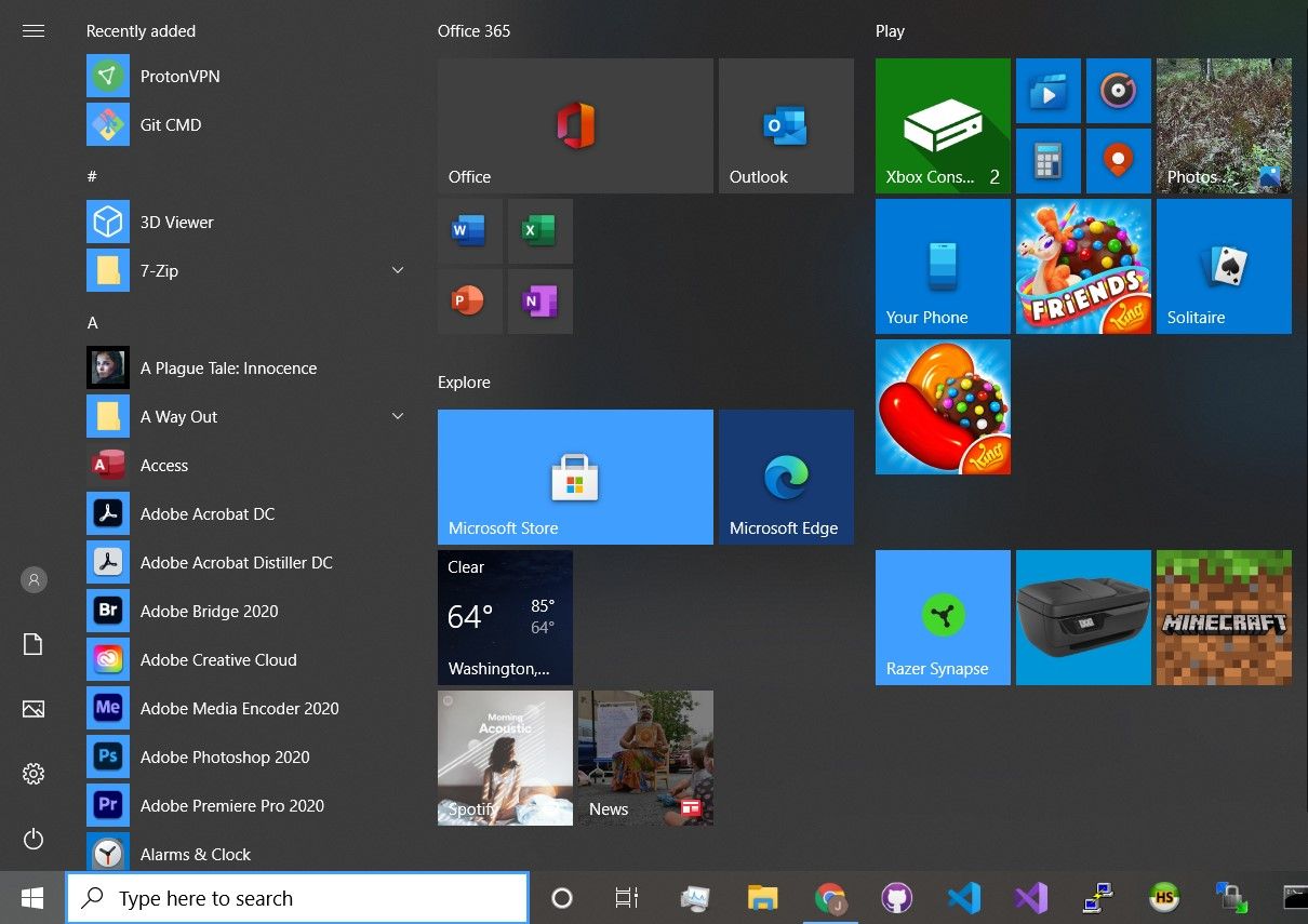 Windows 10 Start Menu Screen